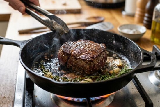cuisson viande de boeuf dans une poelle