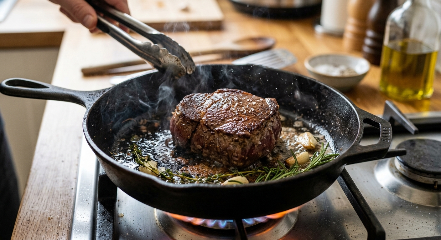 cuisson viande de boeuf dans une poelle