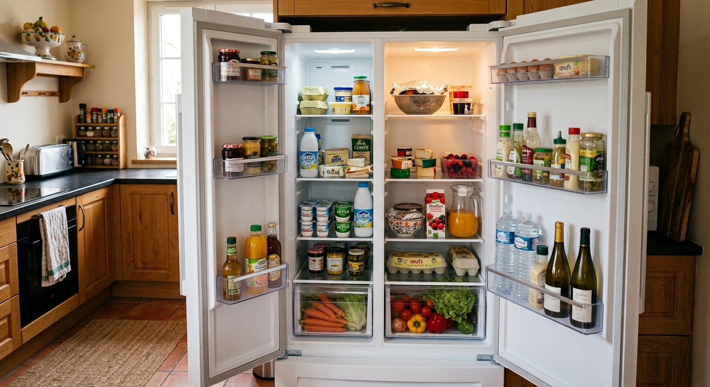 frigo ouvert dans une cuisine